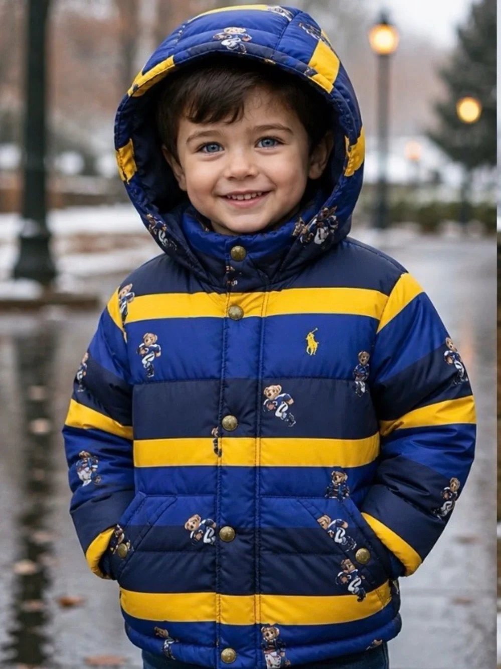Polo Ralph Lauren Striped Allover Bear Print Puffer Jacket in Navy Yellow 4T